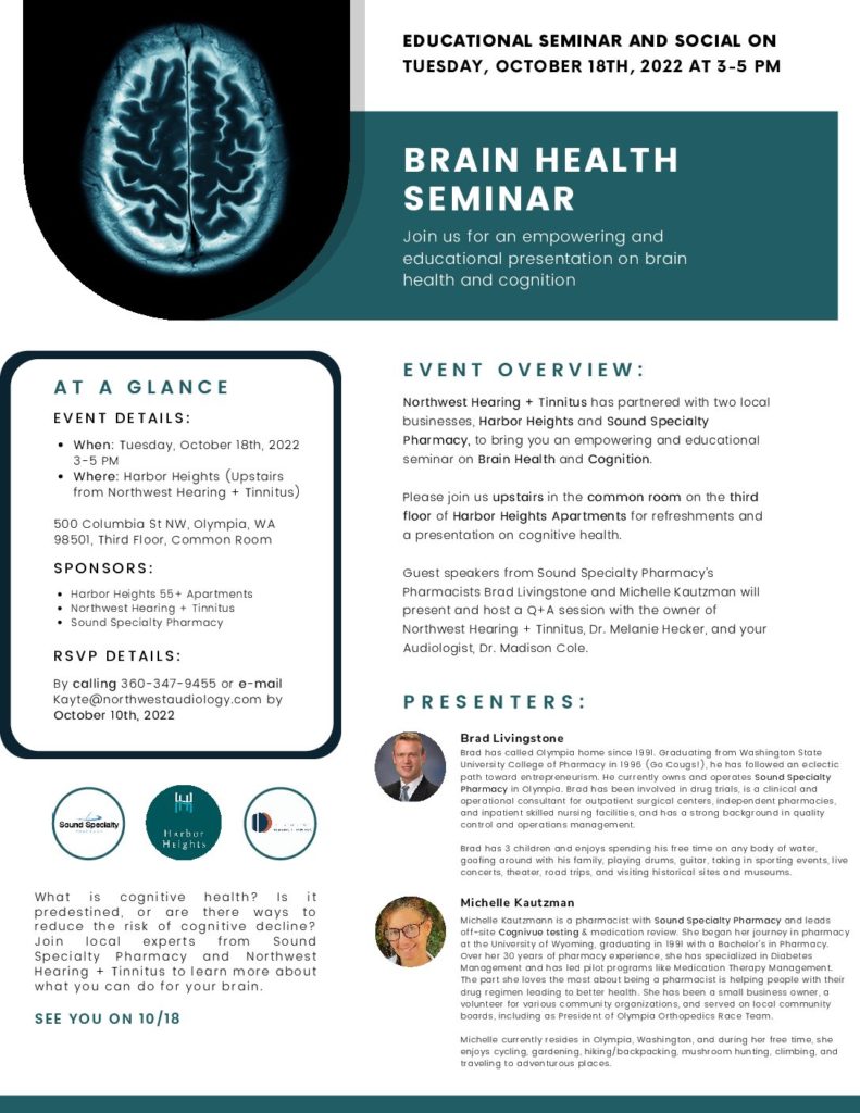 Register For Our Upcoming Brain Health Seminar in Olympia on October 18th, 2022, from 3-5 PM