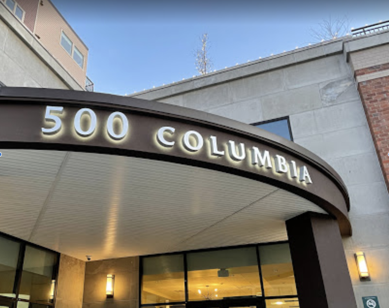 exterior of office building with signage reading "500 Columbia"