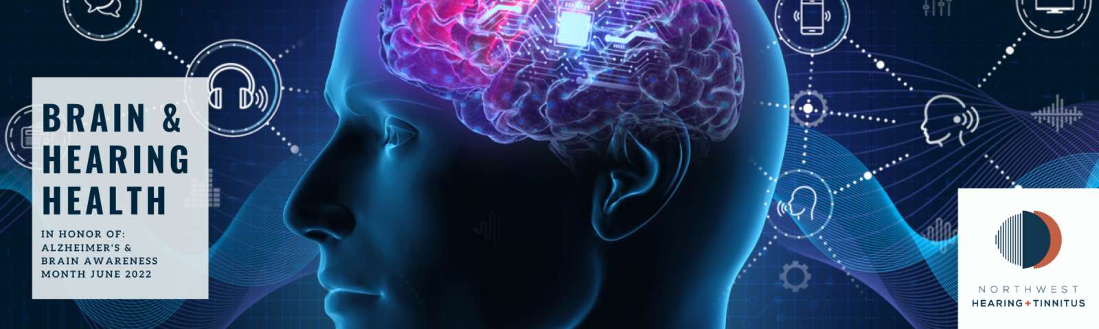 Brain + Hearing Health In honor of: alzheimer's & brain awareness month June 2022 Blue and purple brain map photo 